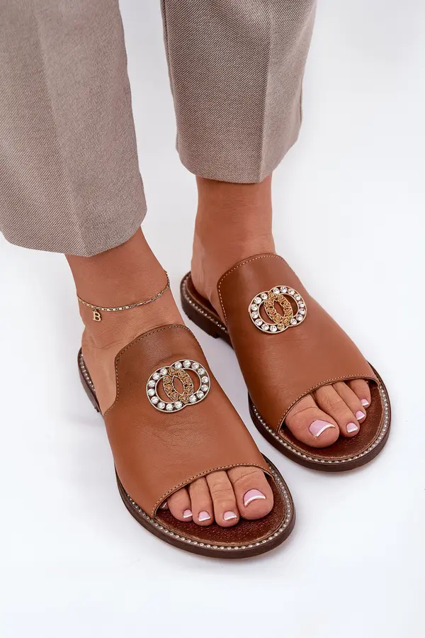 Zazoo Elegant Women's Leather Slippers With Decoration Zazoo 3008 Camel