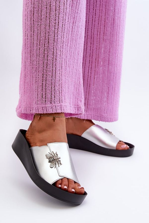 Kesi Elegant women's slippers with embellishments, natural leather S.Barski Silver