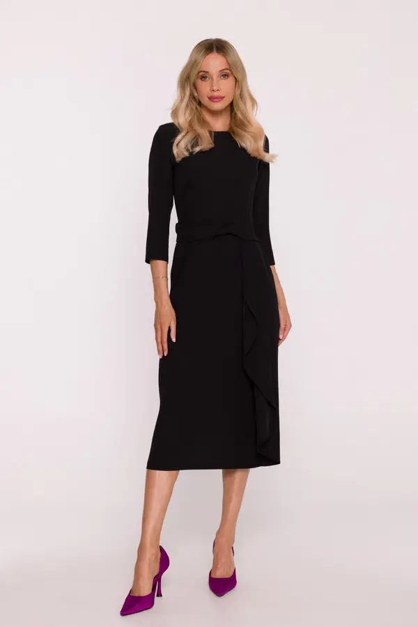 Stylove Elegantna ženska obleka z okrasnimi volančki - črna