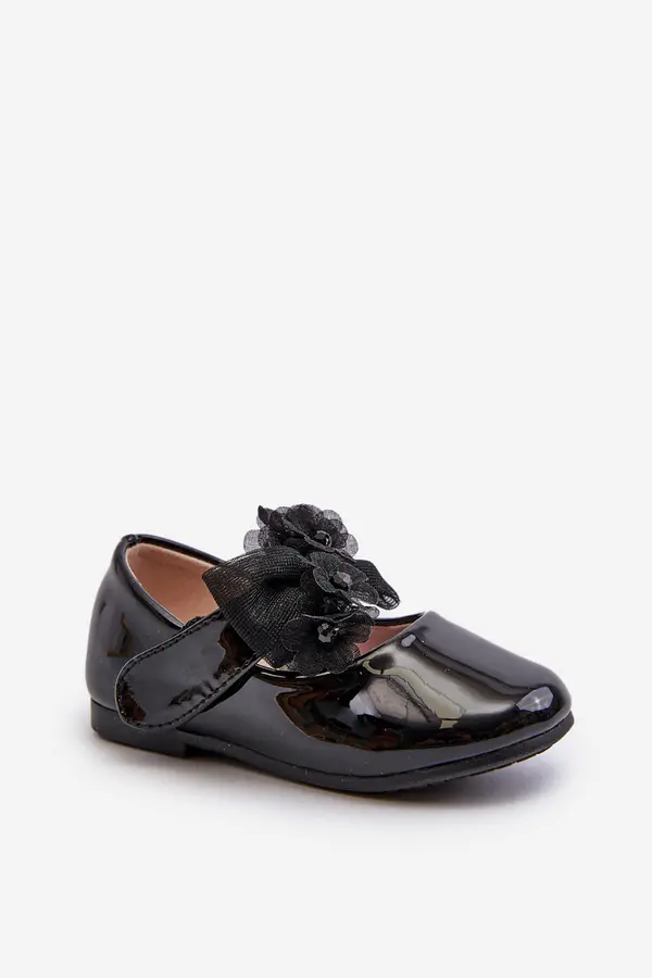 EVENTO EVENTO Black Glossy Children's Ballerina Flats With Velcro Strap And Bow Olessa