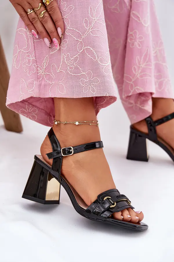 EVENTO EVENTO Leather Patent Women's Heeled Sandals Black Mevonelle