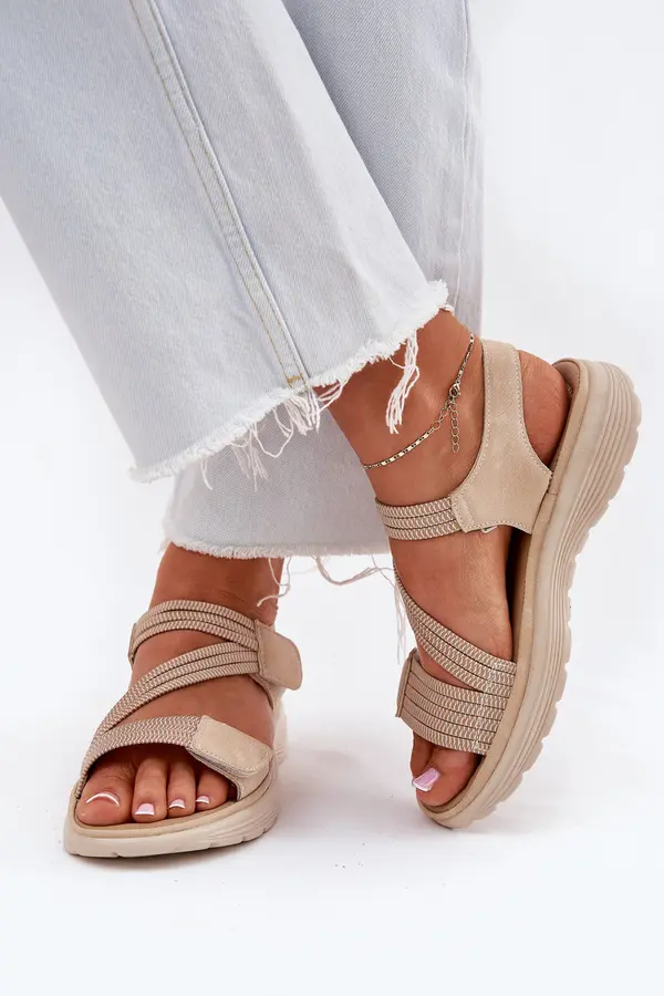 EVENTO EVENTO Women's Comfortable Sandals with Velcro Beige Eladora