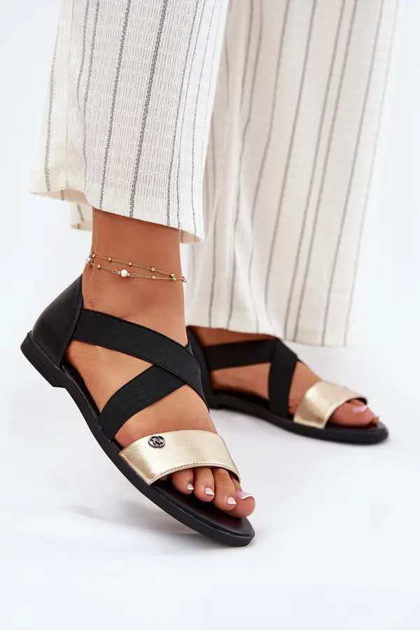 EVENTO EVENTO Women's Flat Sandals With Elastic Straps Black-Gold Marinea