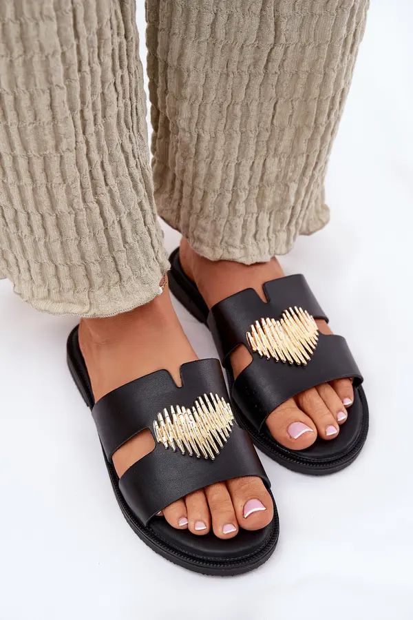 EVENTO EVENTO Women's Flat Sandals With Gold Decoration Black Karinma