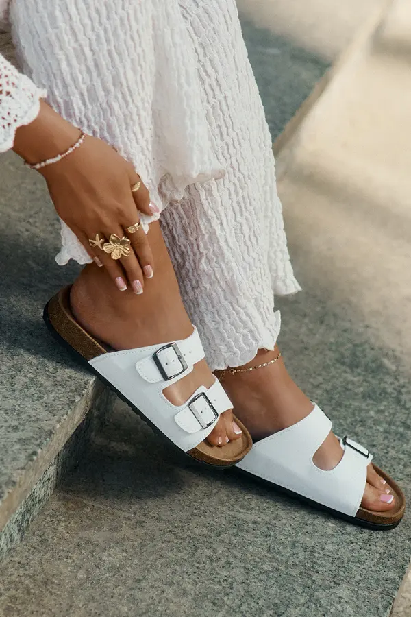 EVENTO EVENTO Women's Slides On Cork Platform With Buckles White Redore