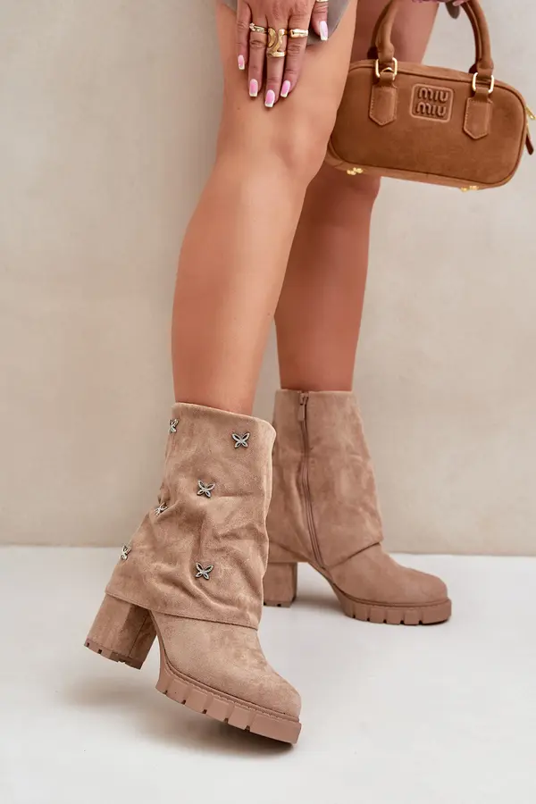 Boto FB2 Decorated Ankle Boots With Turned Shaft On Heel Beige Esadora