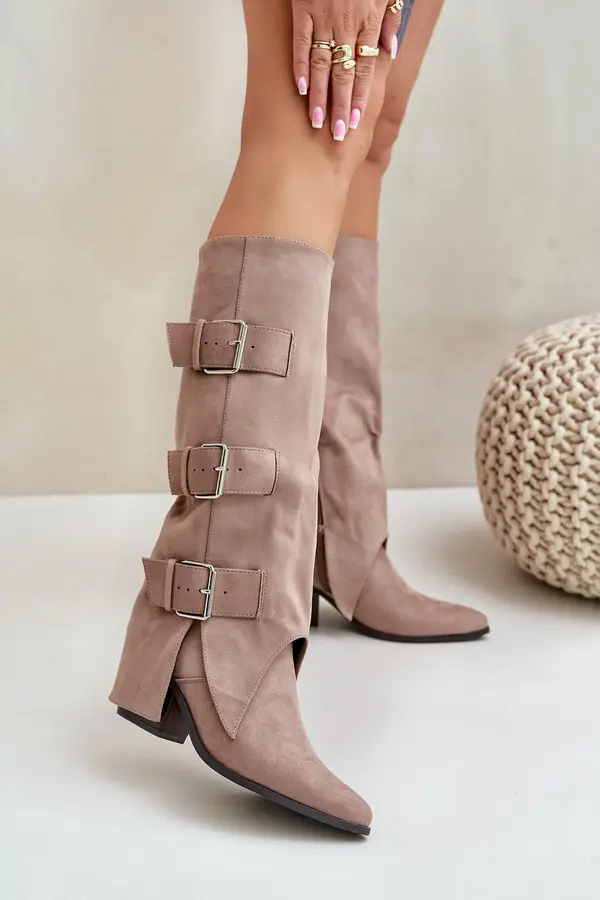 Boto FB2 Knee High Heeled Boots With Folded Shaft And Buckles Beige Vamissa
