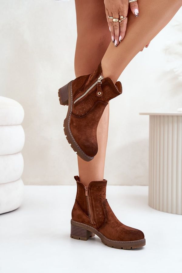 FB3 FB3 Women's Ankle Boots With Openwork Pattern On Heel Brown Oviria