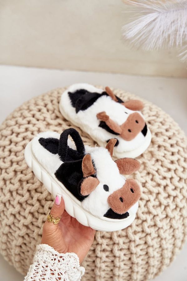 FK1 FK1 Children's Fur Slippers With Cow Motif White Tamorrin