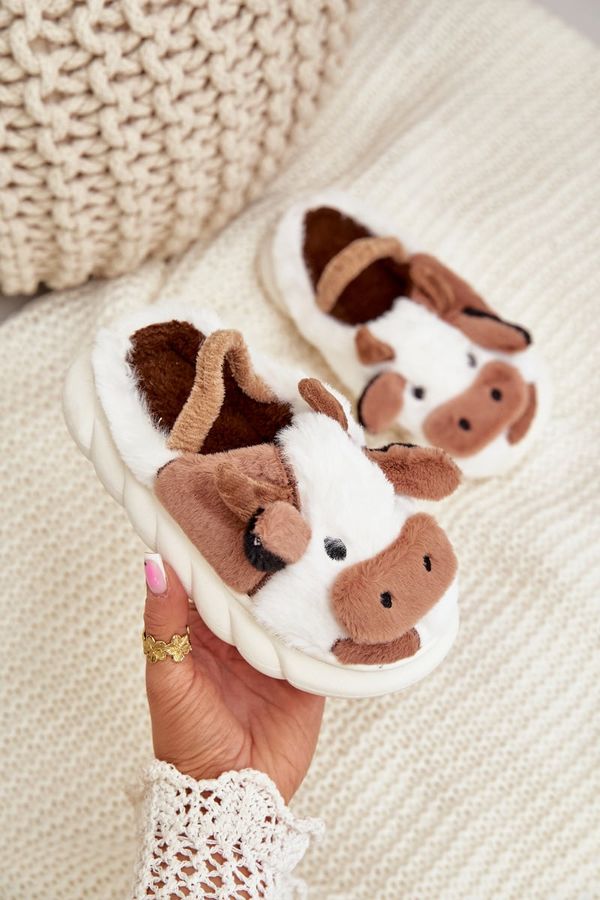 marka niezdefiniowana FK1 Children's Furry Slippers With Cow Motif Brown Tamorrin