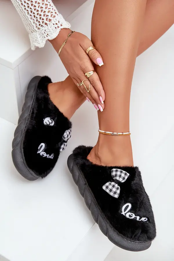Boto FK1 Women's Fleece Slippers With Patches And Bow Black Linnorelia