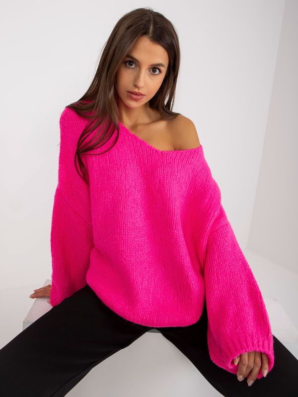 Fashionhunters Fluo pink oversize sweater with V neckline V rue paris