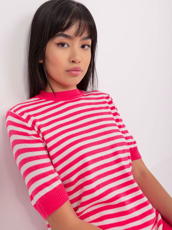 Fashionhunters Fluo pink-white striped knitted blouse