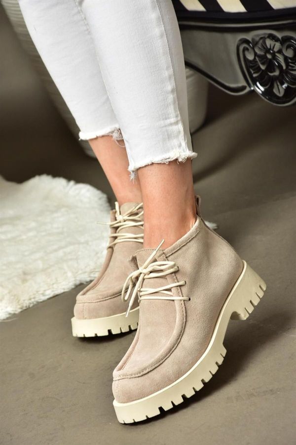 Fox Shoes Fox Shoes R555061602 Beige Genuine Leather and Suede Women's Lace-Up Boots