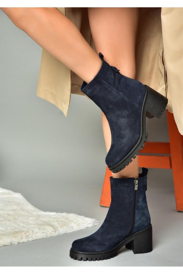 Fox Shoes Fox Shoes R654006502 Navy Blue Genuine Leather and Suede Women's Boots with Thick Heels