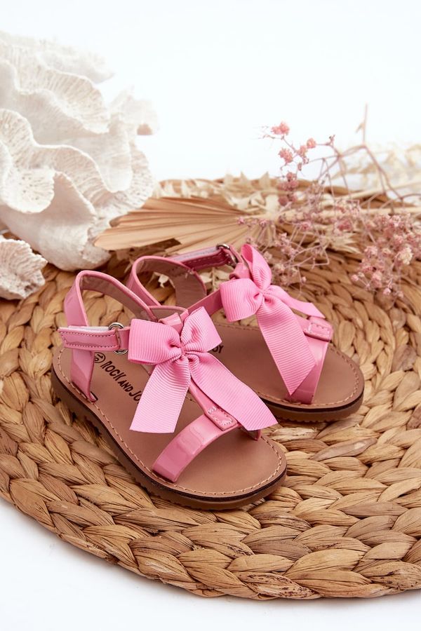 FR1 FR1 Pink Joratia Children's Patent Sandals with Bow on Velcro