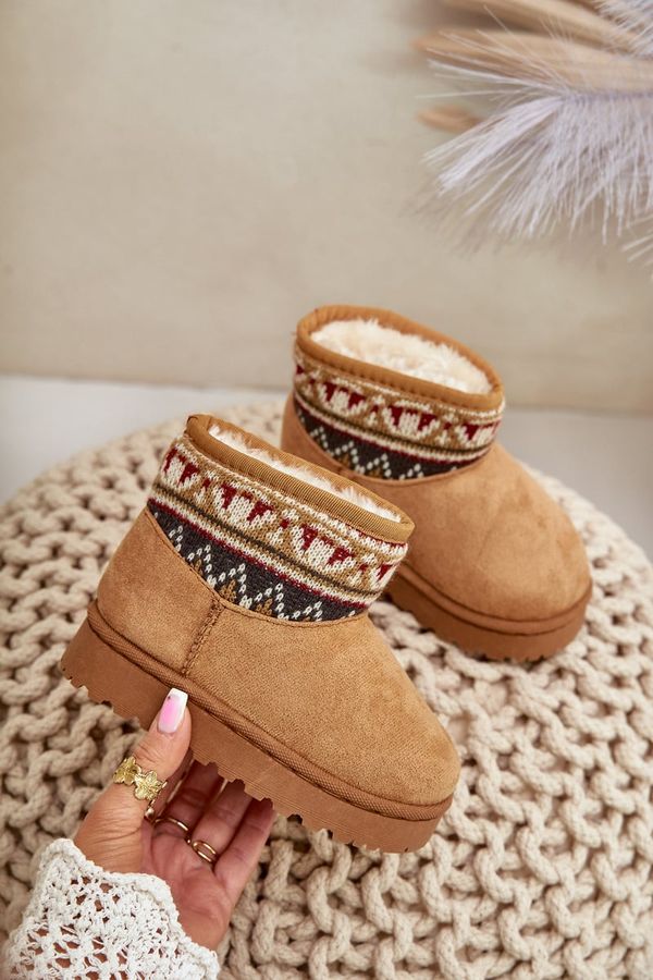 FR1 FR1 Slip On Snow Boots For Kids With Patterned Insert Lined With Fur Camel Mirirae