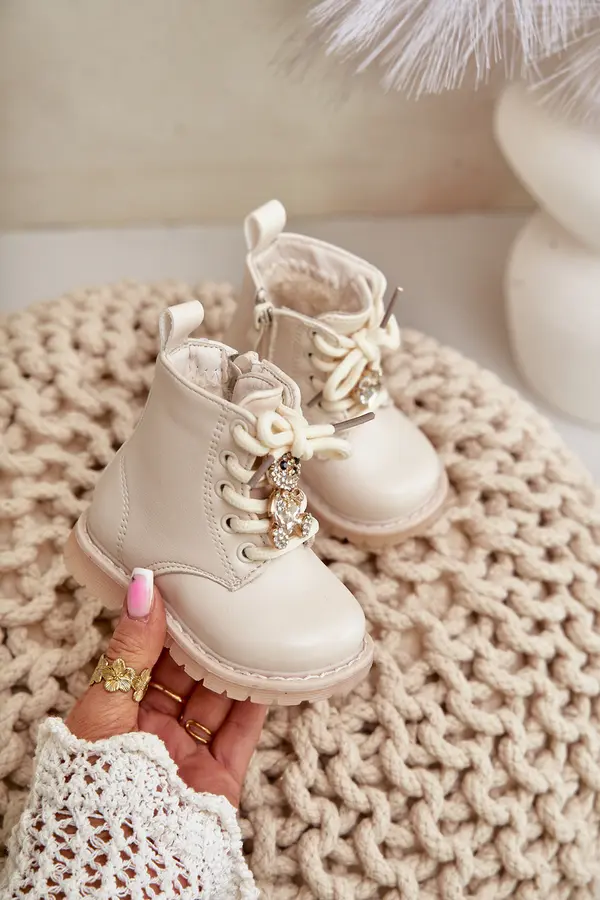 Boto FR1 Warm Children's Boots With Teddy Bear On Zipper Beige Enchanta