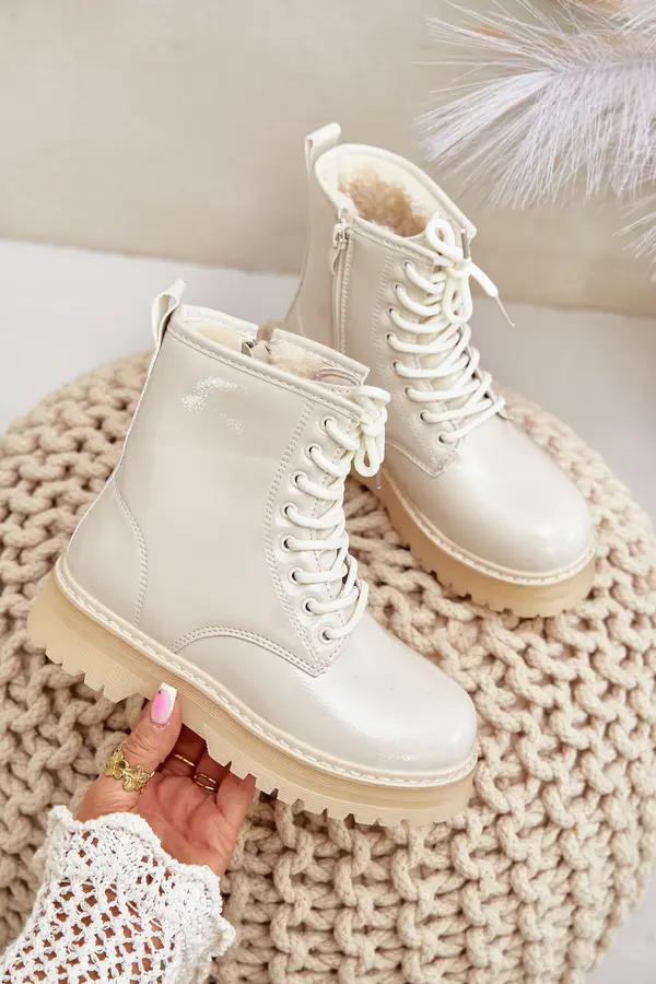 Boto FR1 Warm Girls Patent Boots With Zipper Beige Novita