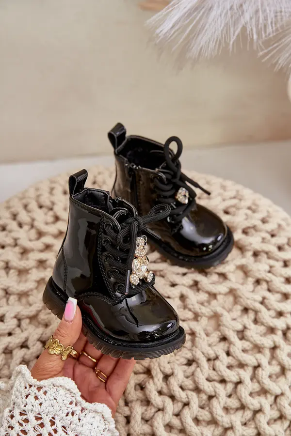Boto FR1 Warm Patent Leather Kids Boots With Bear And Zipper Black Enchanta