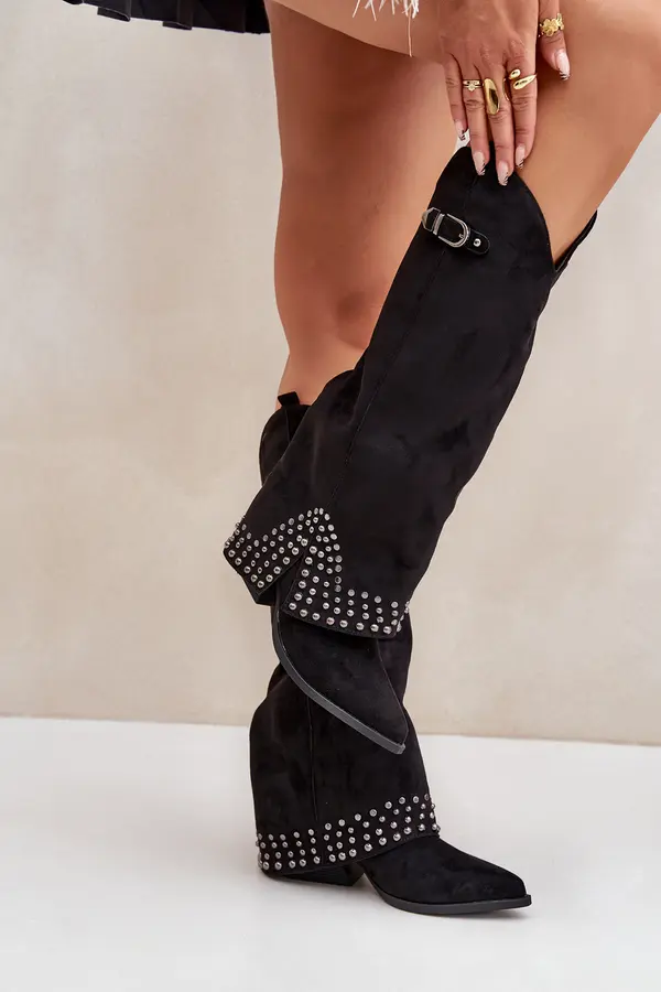 Boto FS1 Knee Boots With Rolled Shaft On Heel Black Iveliri