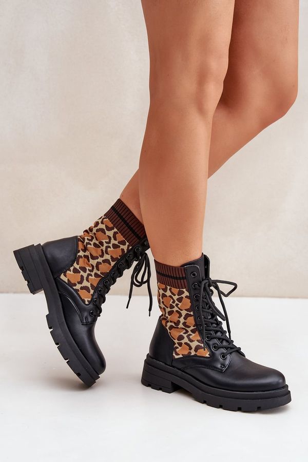 FS1 FS1 Women's Worker Ankle Boots With Sock In Leopard Black Penthis
