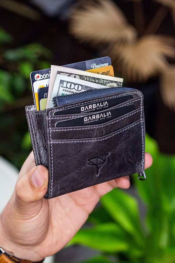 Garbalia Garbalia Figo Genuine Leather Crazy Gray Zippered Mini Wallet with Card Holder