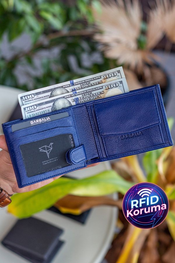 Garbalia Garbalia Navy Blue Men's Wallet with Genuine Leather Flip Flops, Horizontal Coin Eyes.