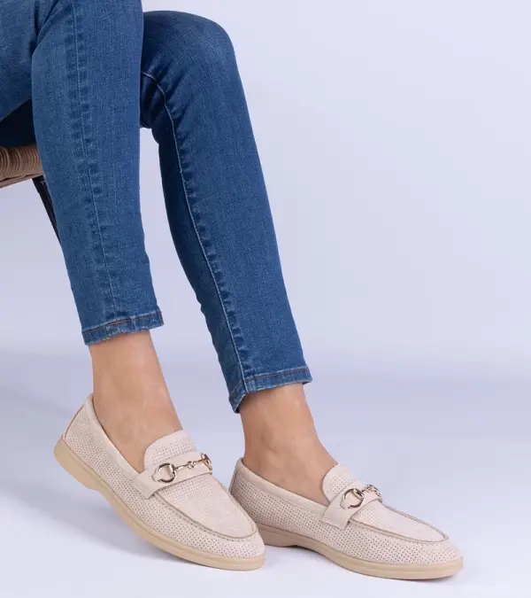 Gemre Gemre Beige eco-suede perforated loafers with gold embellishment Marusso