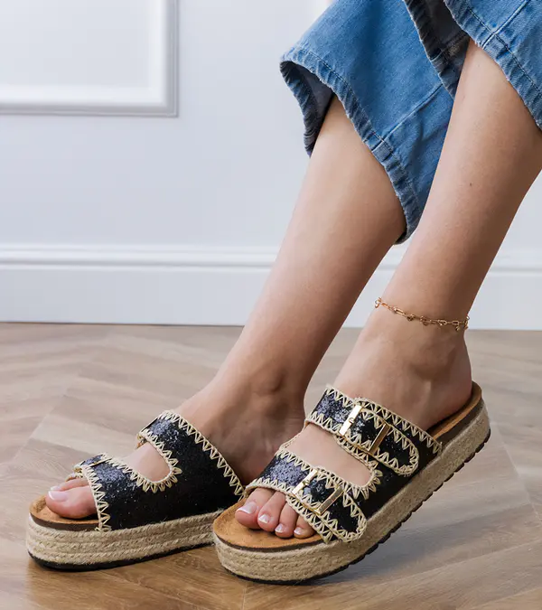 Gemre Gemre Black glitter espadrille sandals with buckles Induri