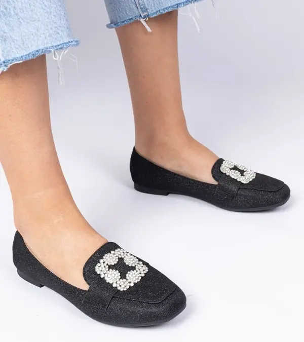Gemre Gemre Black Glitter Loafers with Rhinestones Sawelia