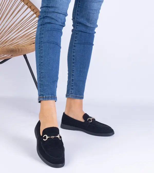 Gemre Gemre Black perforated eco-suede moccasins with a gold decoration Truffi