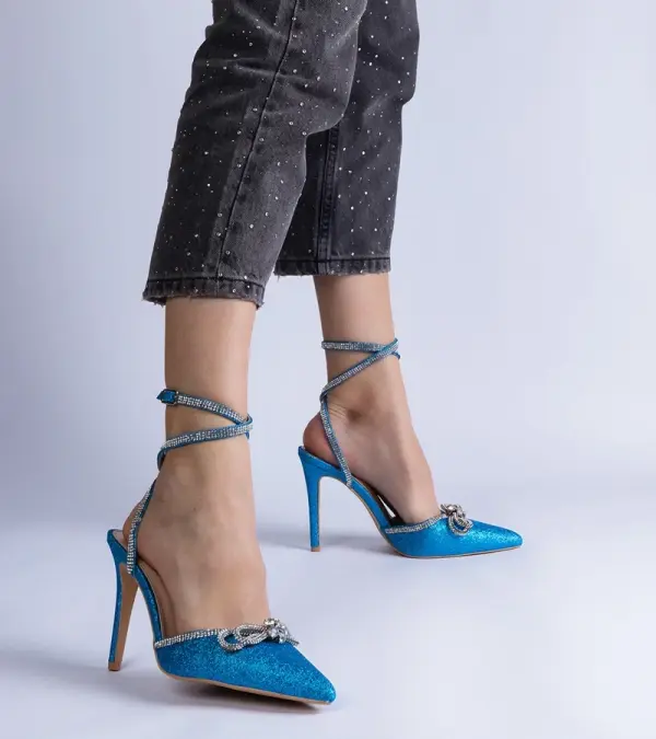 Gemre Gemre Blue Glitter Heels with Bow and Rhinestones Merkuri