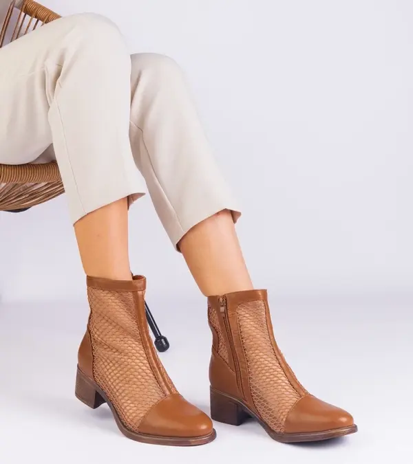 Gemre Gemre Brown Mesh Block Heel Ankle Boots Melarka