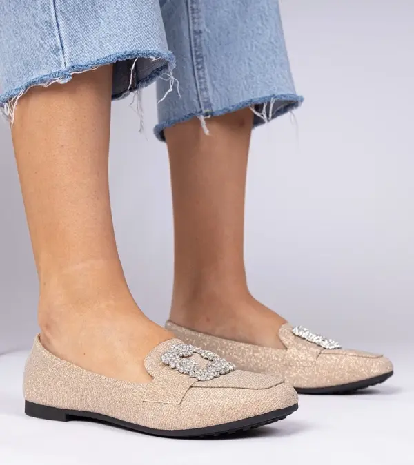 Gemre Gemre Champagne Glitter Loafers with Rhinestones Sawelia