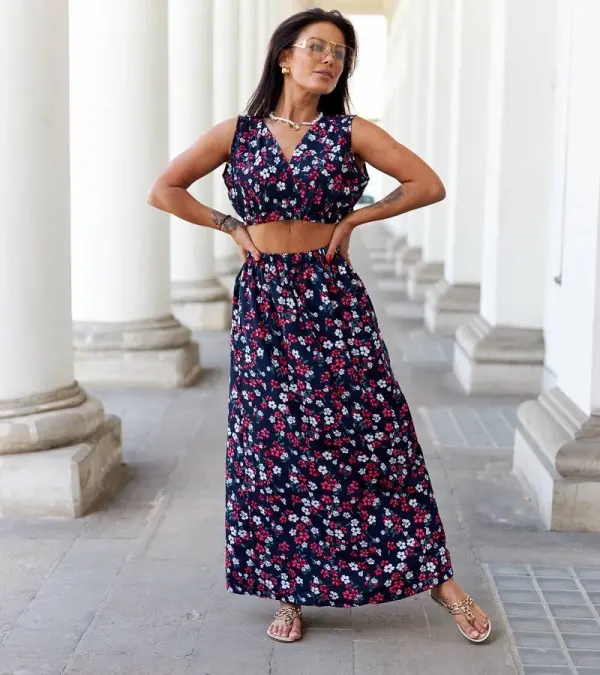 Gemre Gemre Navy blue floral set with top and skirt Genova