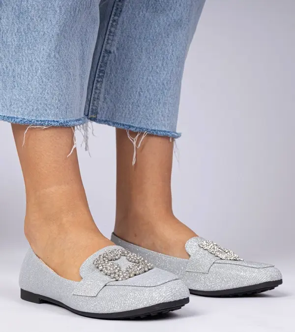 Gemre Gemre Silver Glitter Loafers with Rhinestones Sawelia