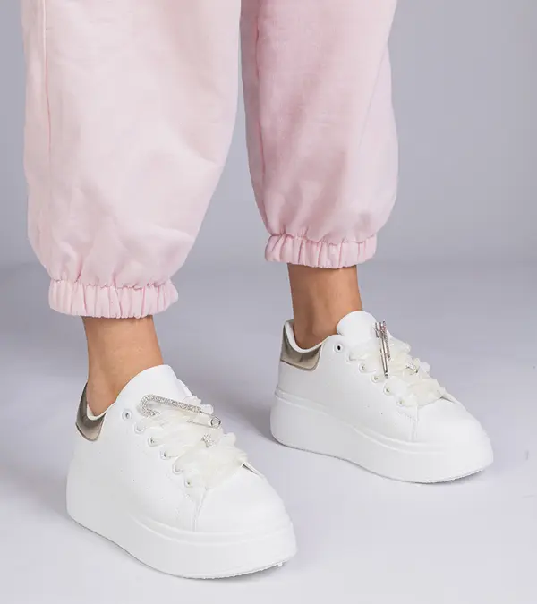 marka niezdefiniowana Gemre White sneakers with a gold insert and stiletto with rhinestones Floura