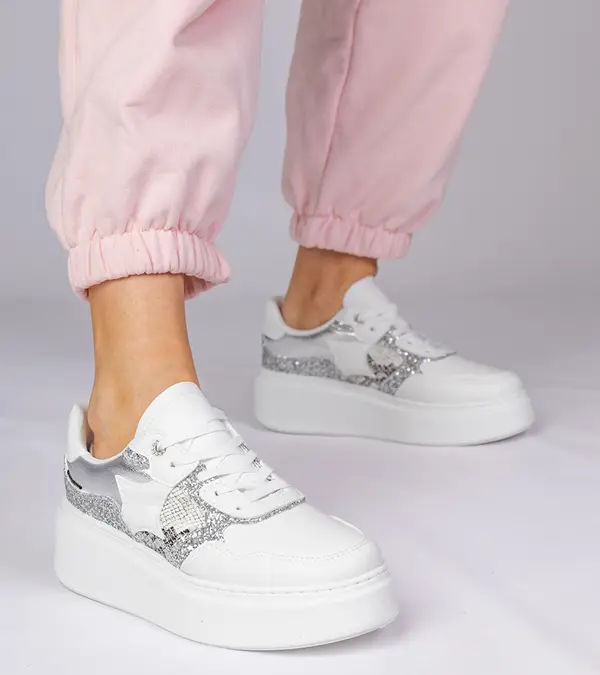 Gemre Gemre White sneakers with glitter and animal print Bertula
