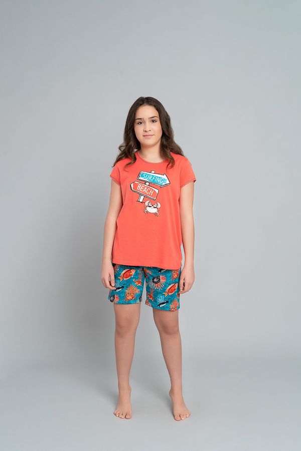 Italian Fashion Girls' pyjamas Oceania, short sleeves, short legs - coral/print