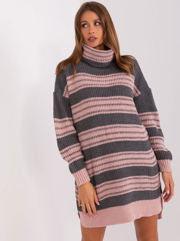 Fashionhunters Gray and light pink knitted turtleneck dress