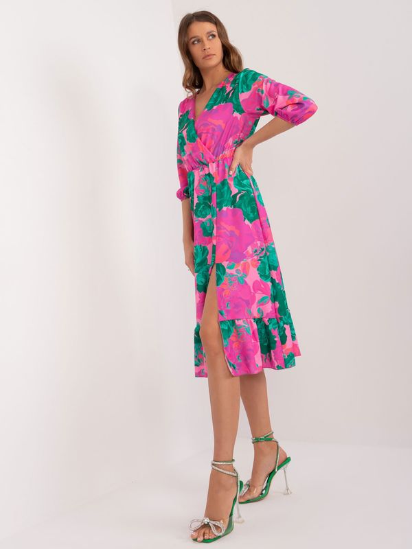 Fashionhunters Green and fuchsia neckline dress RUE PARIS