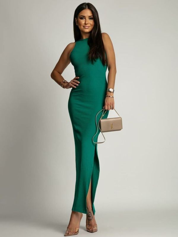 FASARDI Green fitted basic dress with a cutout on the back