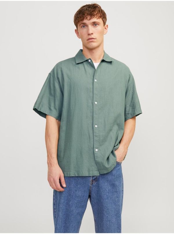 Jack & Jones Green Men's Linen Shirt with Short Sleeves Jack & Jones Faro - Men's