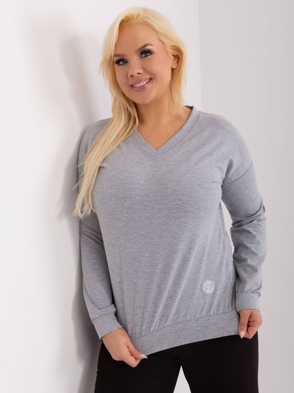 Fashionhunters Grey melange blouse plus size with a neckline