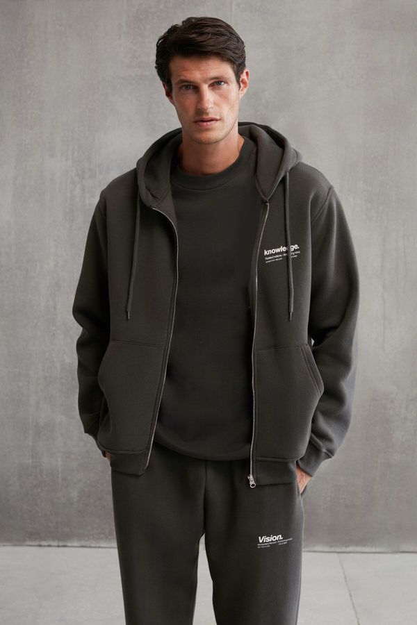 GRIMELANGE GRIMELANGE Aksel Men's Soft Organic Cotton Oversize Zippered Printed Hooded Dark Gray Sweatshirt