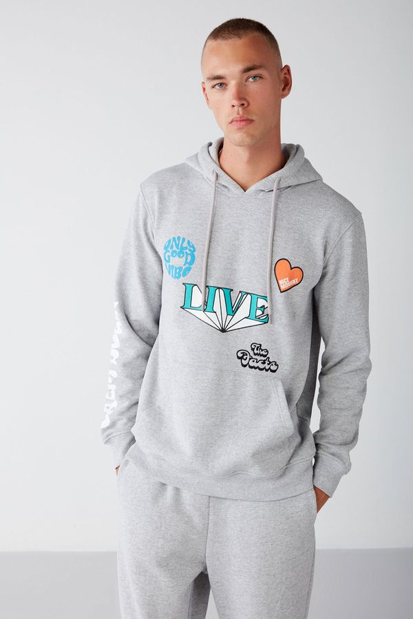 GRIMELANGE GRIMELANGE Alive Men's Print Detailed Soft Kangaroo Pocket Hooded Regular Corded Grey Melange Sweatshirt