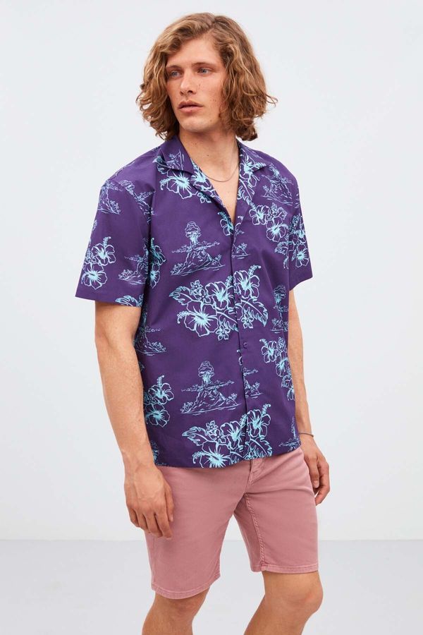 GRIMELANGE GRIMELANGE Almeira Men's 100% Cotton Poplin Fabric Patterned Summer Purple Shirt