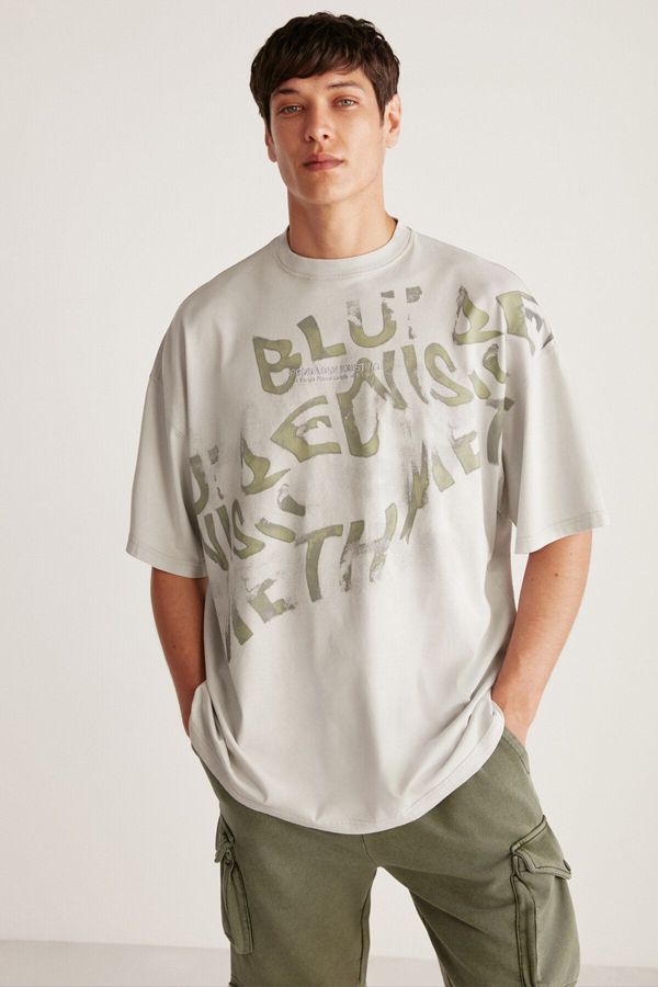 GRIMELANGE GRIMELANGE Bowie Oversize Fit Print Detail Round Neck Short Sleeve Light Grey T-shirt