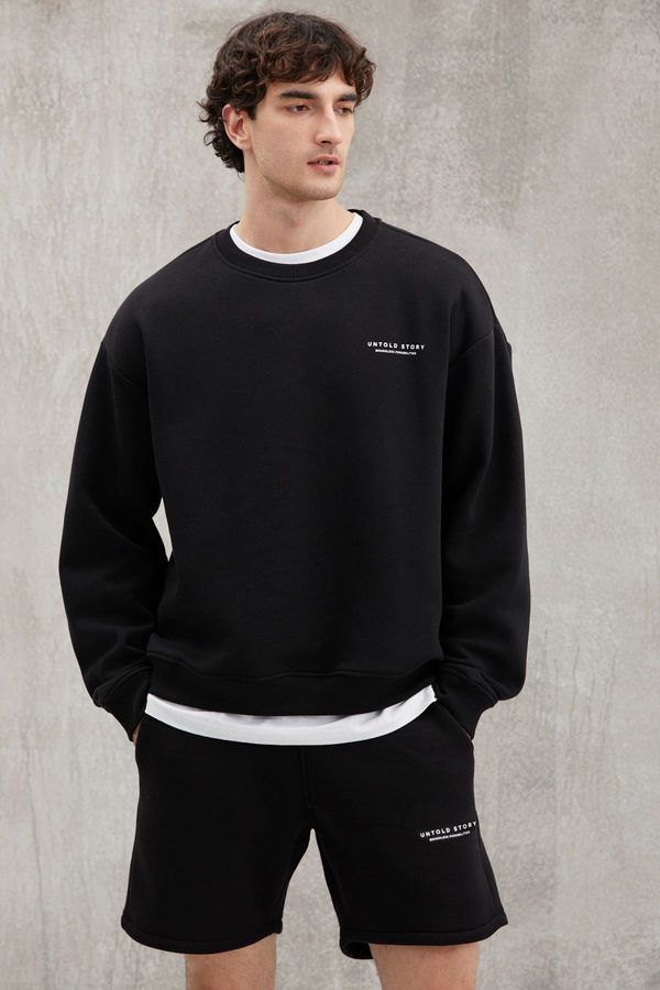 GRIMELANGE GRIMELANGE Bryan Men's Soft Fabric 3 Thread Oversize Loose Cut Round Neck Printed Black Sweatshirt